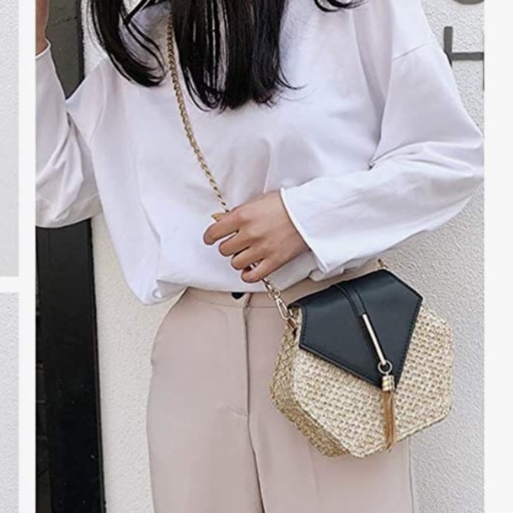 Woven Straw Patent Leather Bag